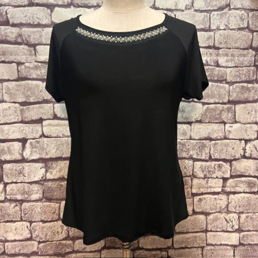 Faith & Joy Black Round Neck Short Sleeve Blouse Size PXL